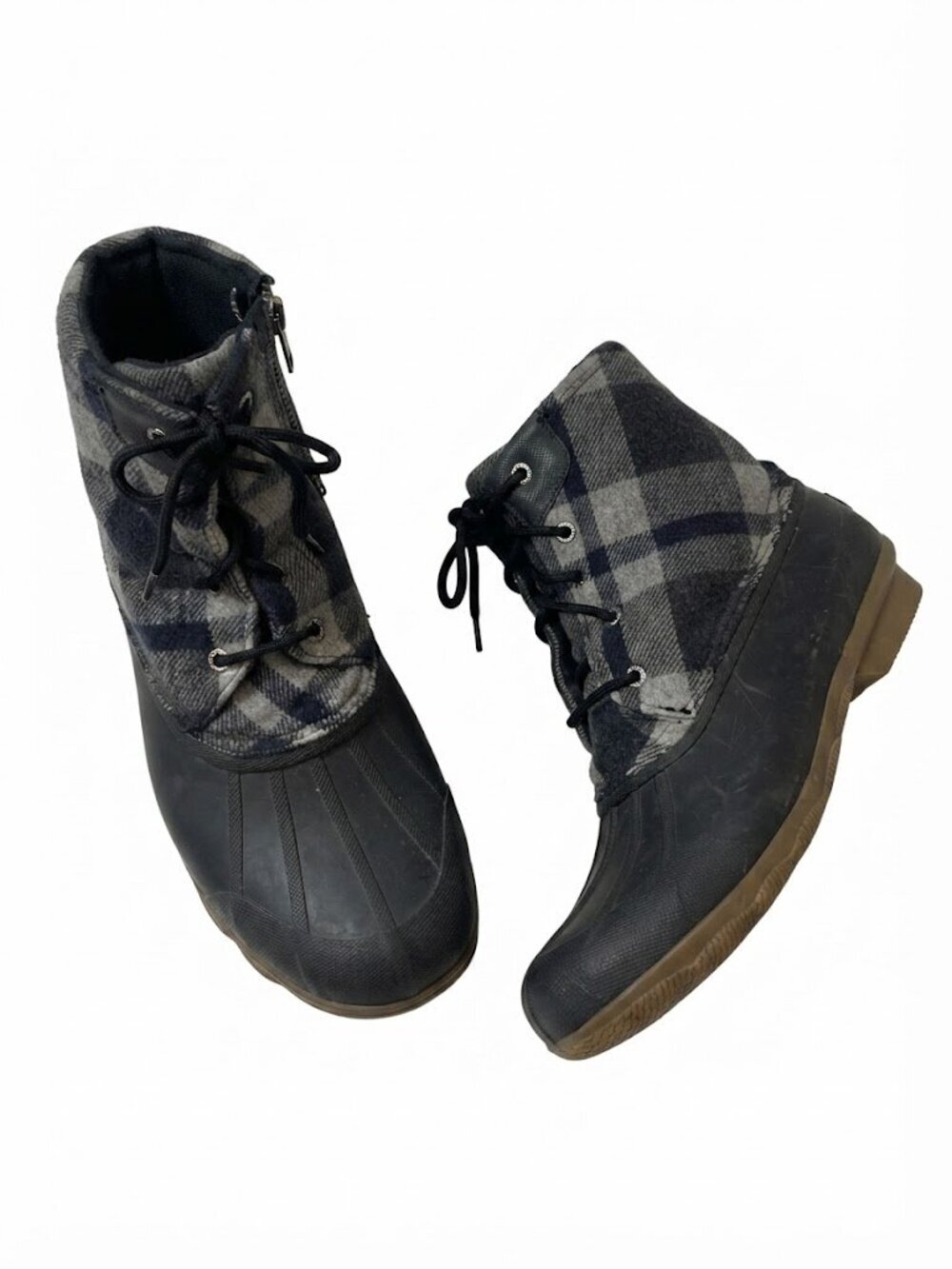 Sperry Rubber Duck Boots with Gray & Black Plaid Uppers.